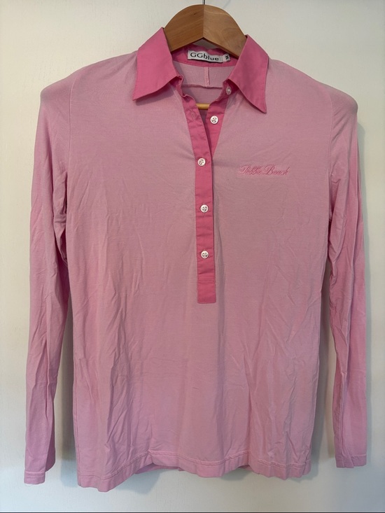 Gg Blue Tops - VTG GG Blue Womens Pebble Beach Pink Long Sleeve Top Medium Preppy Golf Bodycon